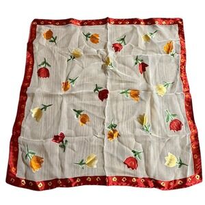 100% Silk Italian Square Scarf 19x19" Cottagecore Sheer Tulips Romantic Pocket